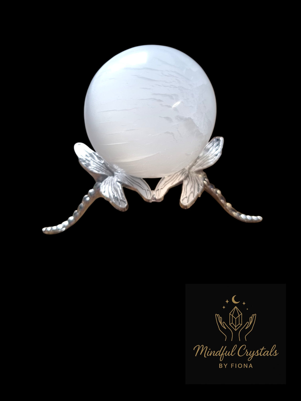 Selenite Crystal Sphere with Dragonfly Stand