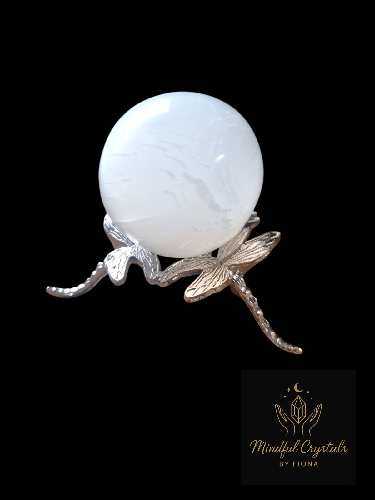 Selenite Crystal Sphere with Dragonfly Stand