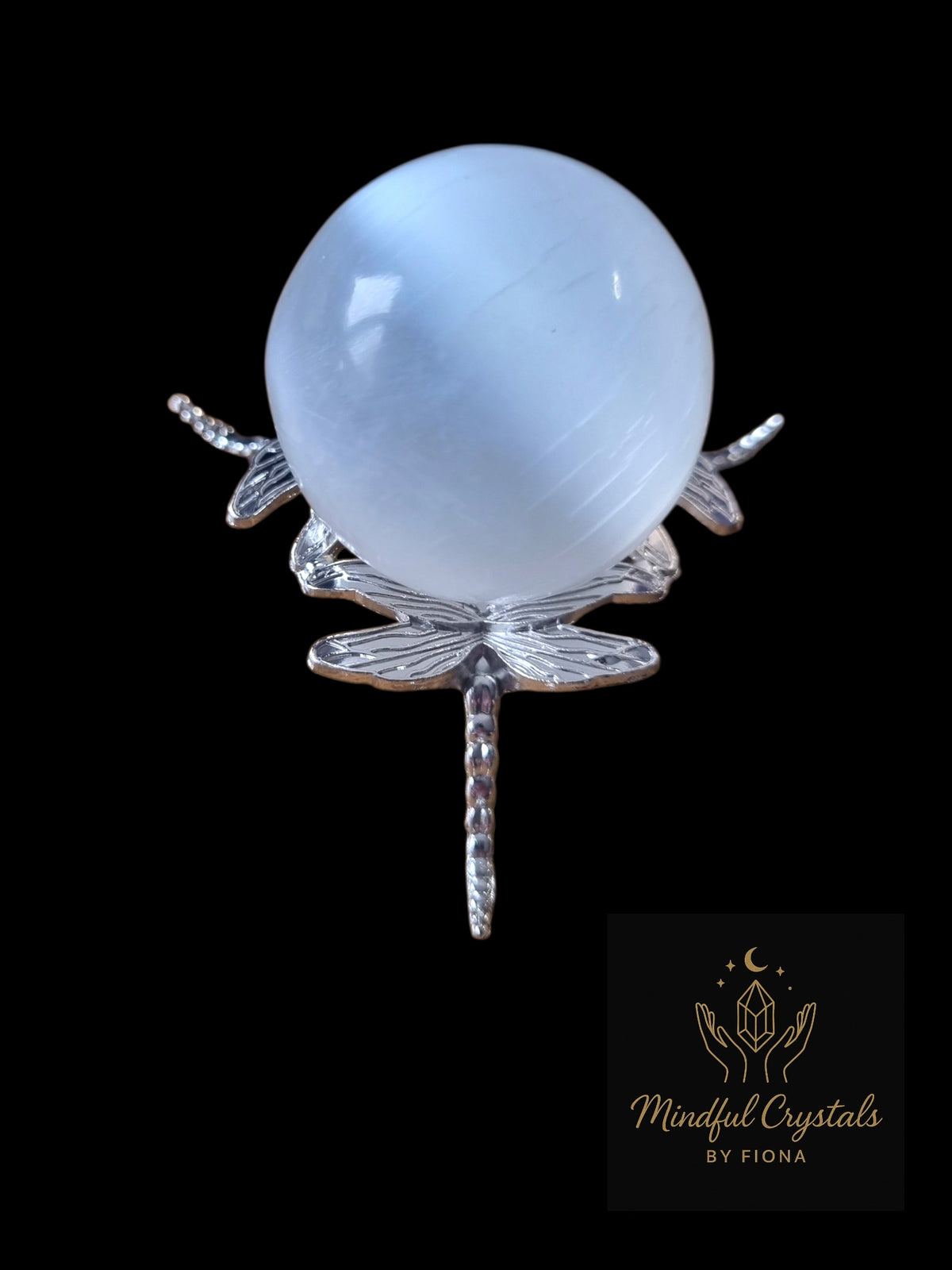 Selenite Crystal Sphere with Dragonfly Stand